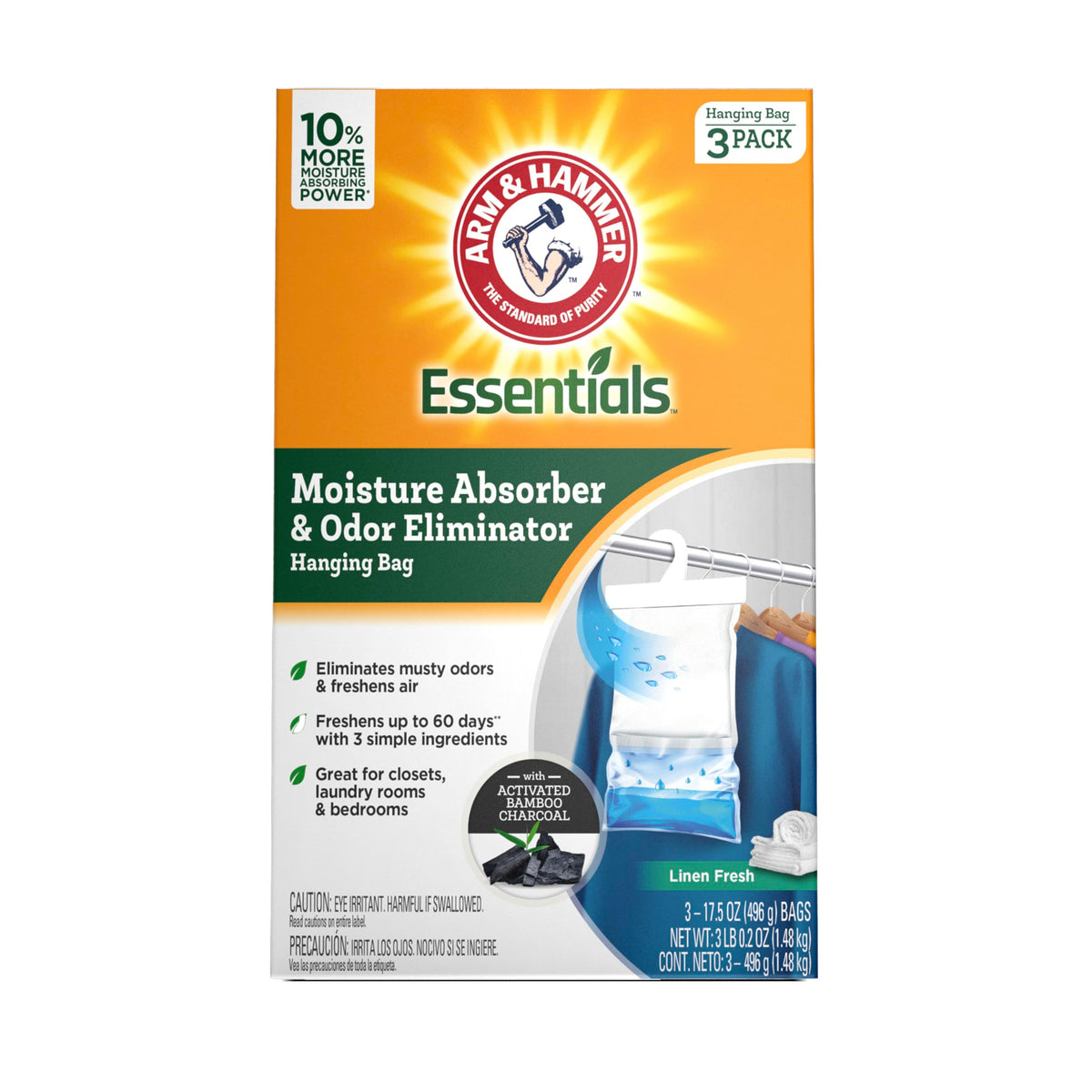Arm & Hammer hanging bag front packaging showing linen fresh scent and benefits