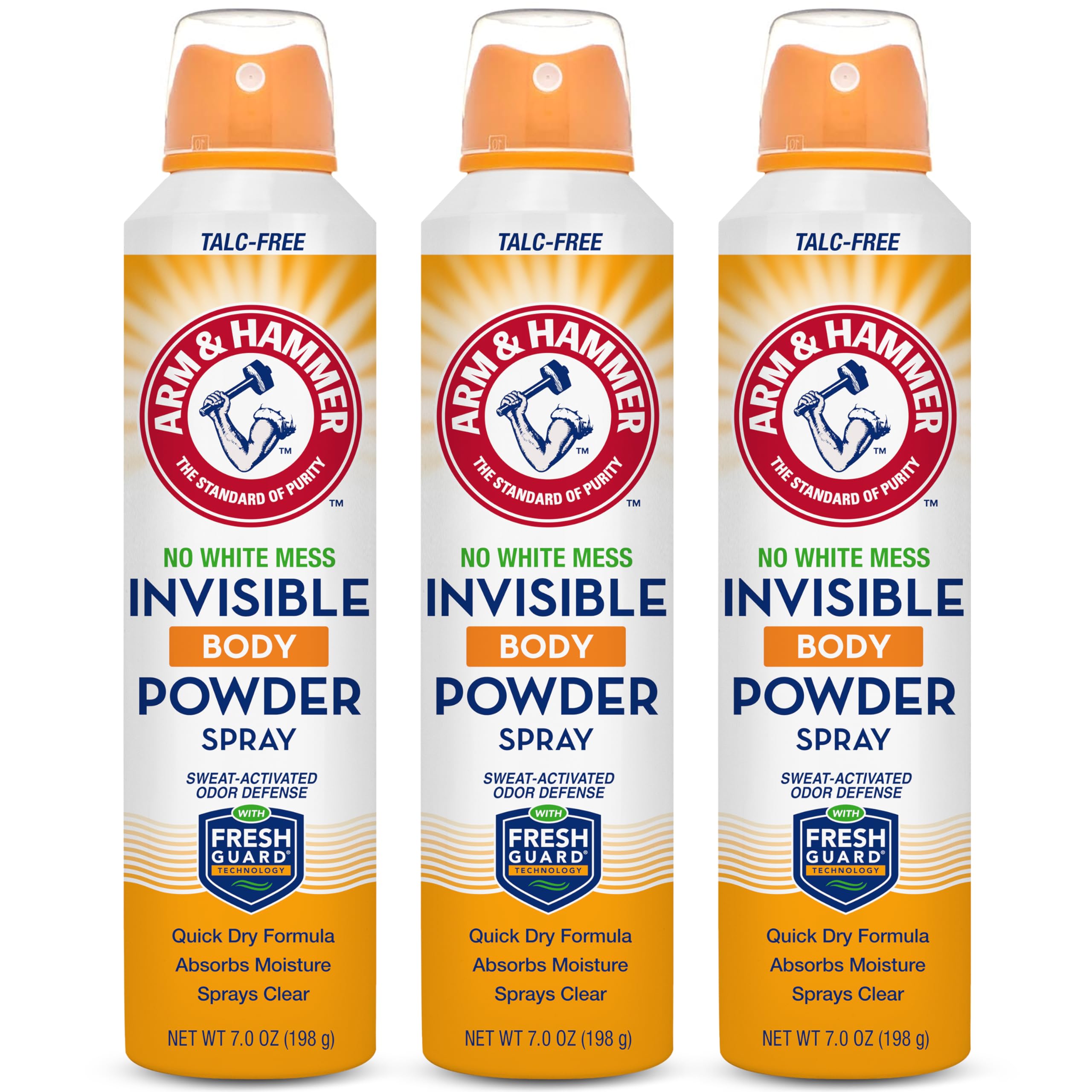 Arm & Hammer front packaging showing clear talc-free spray benefit