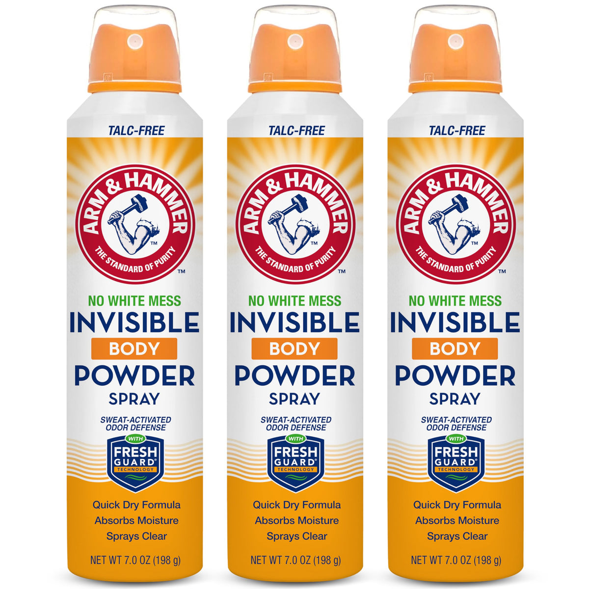 Arm & Hammer front packaging showing clear talc-free spray benefit