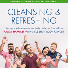 Arm & Hammer mist on skin showing quick-dry, non-dusting effect