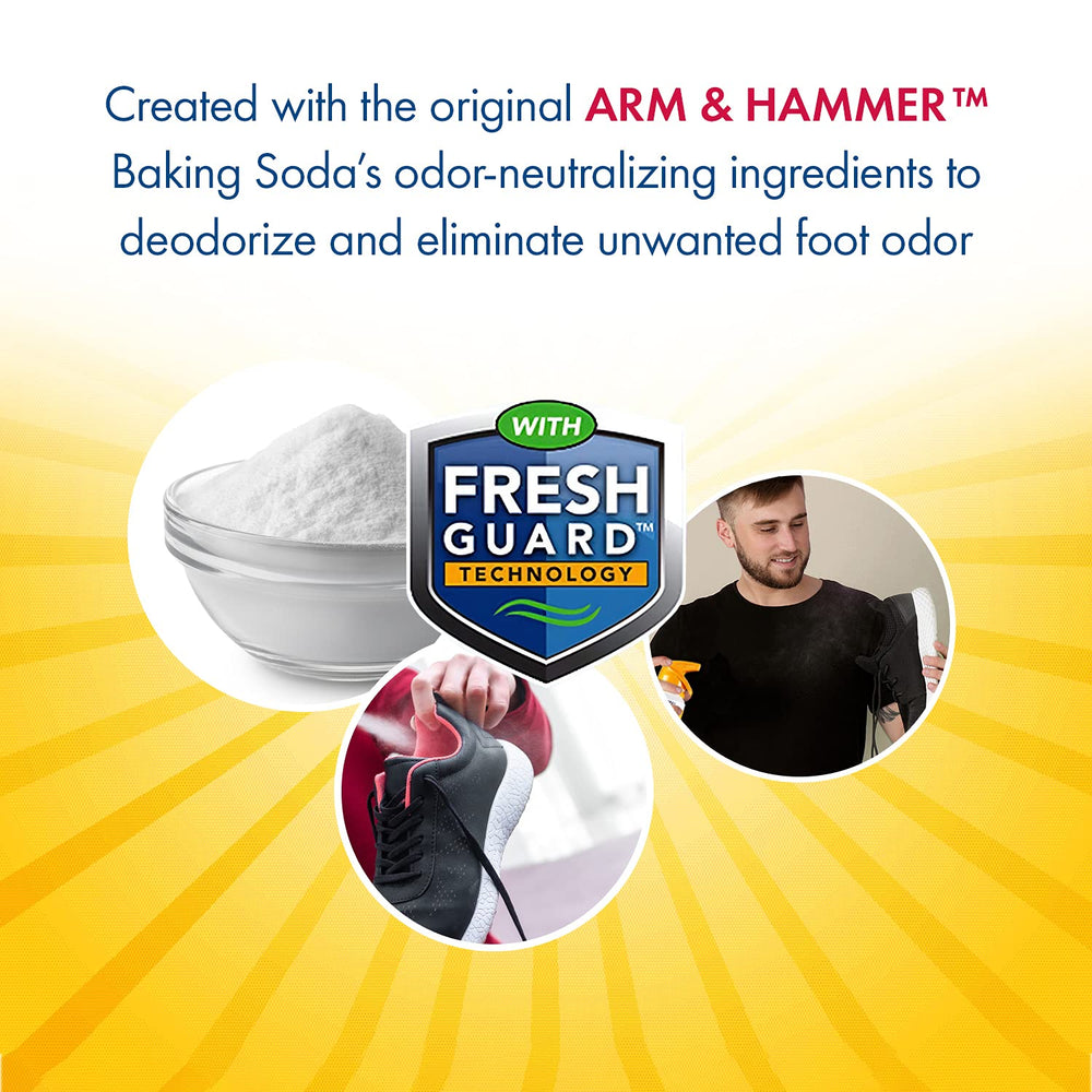 Arm & Hammer can in hand to show compact size and portability
