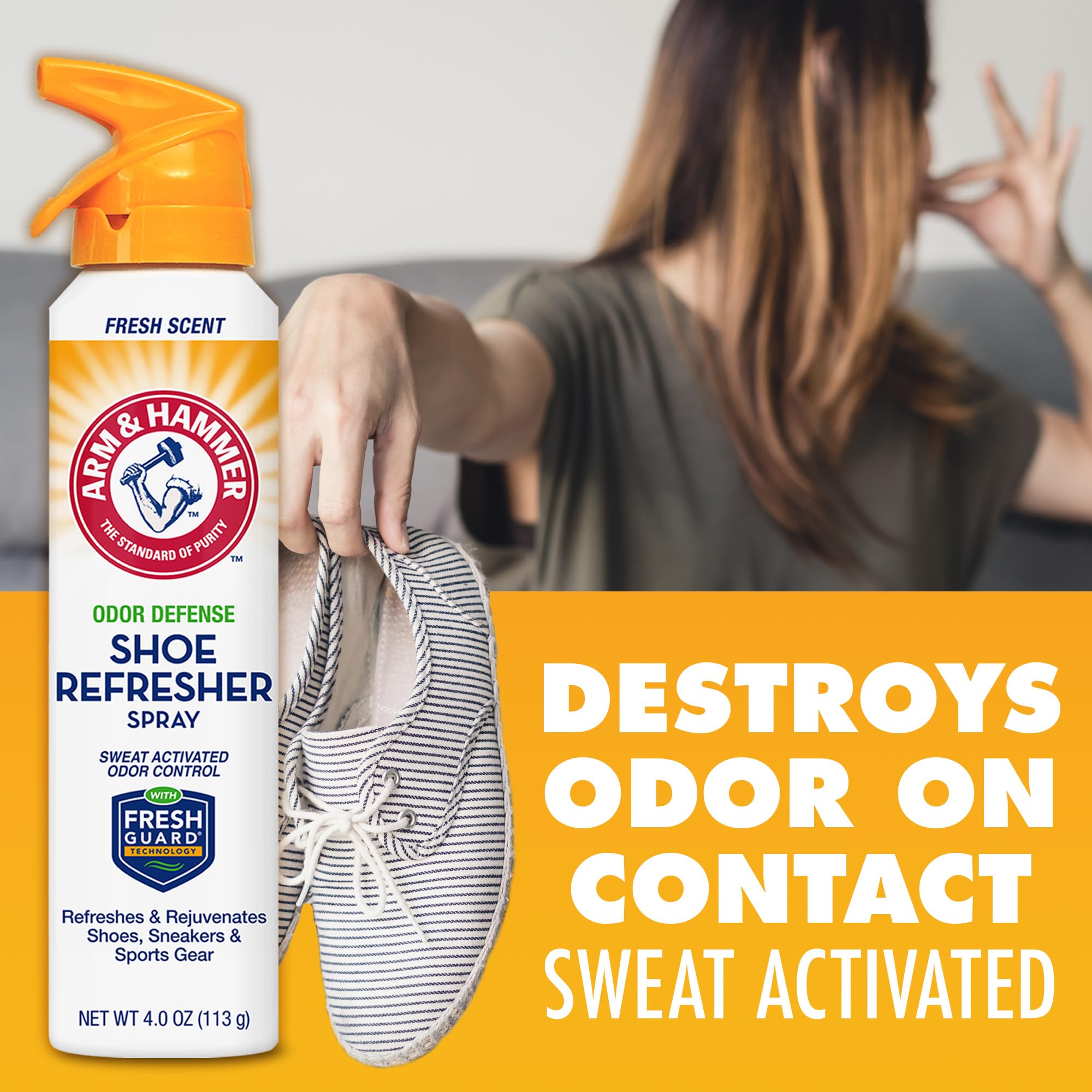 Arm & Hammer bottle next to athletic shoes showing odor control benefit