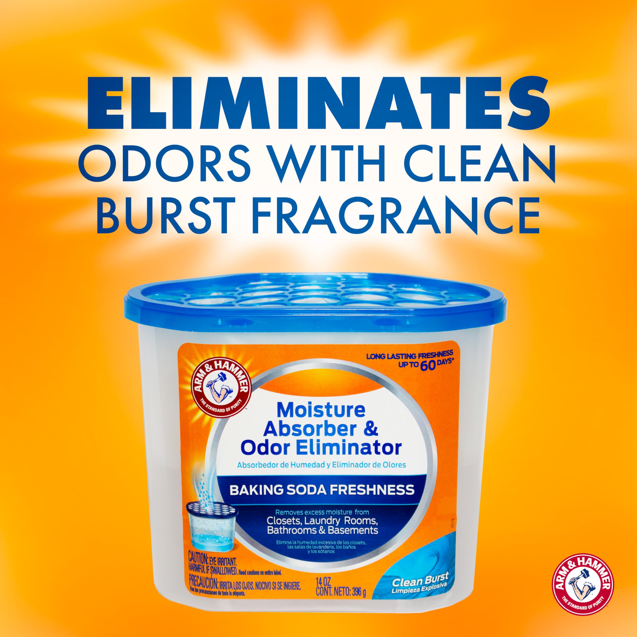 Arm & Hammer tub placed on a bathroom shelf demonstrating odor control