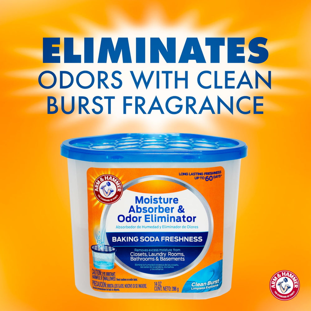 Arm & Hammer tub placed on a bathroom shelf demonstrating odor control