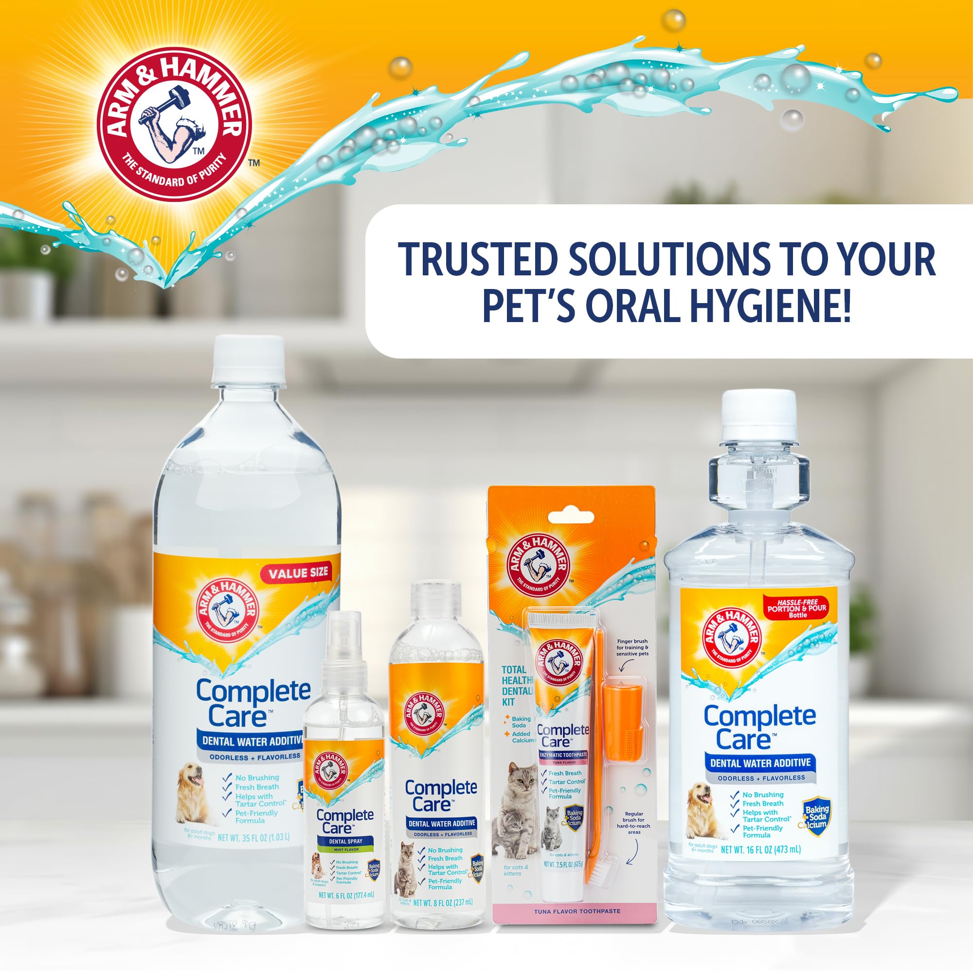 Arm & Hammer bottle with veterinary-style brochure suggesting professional support