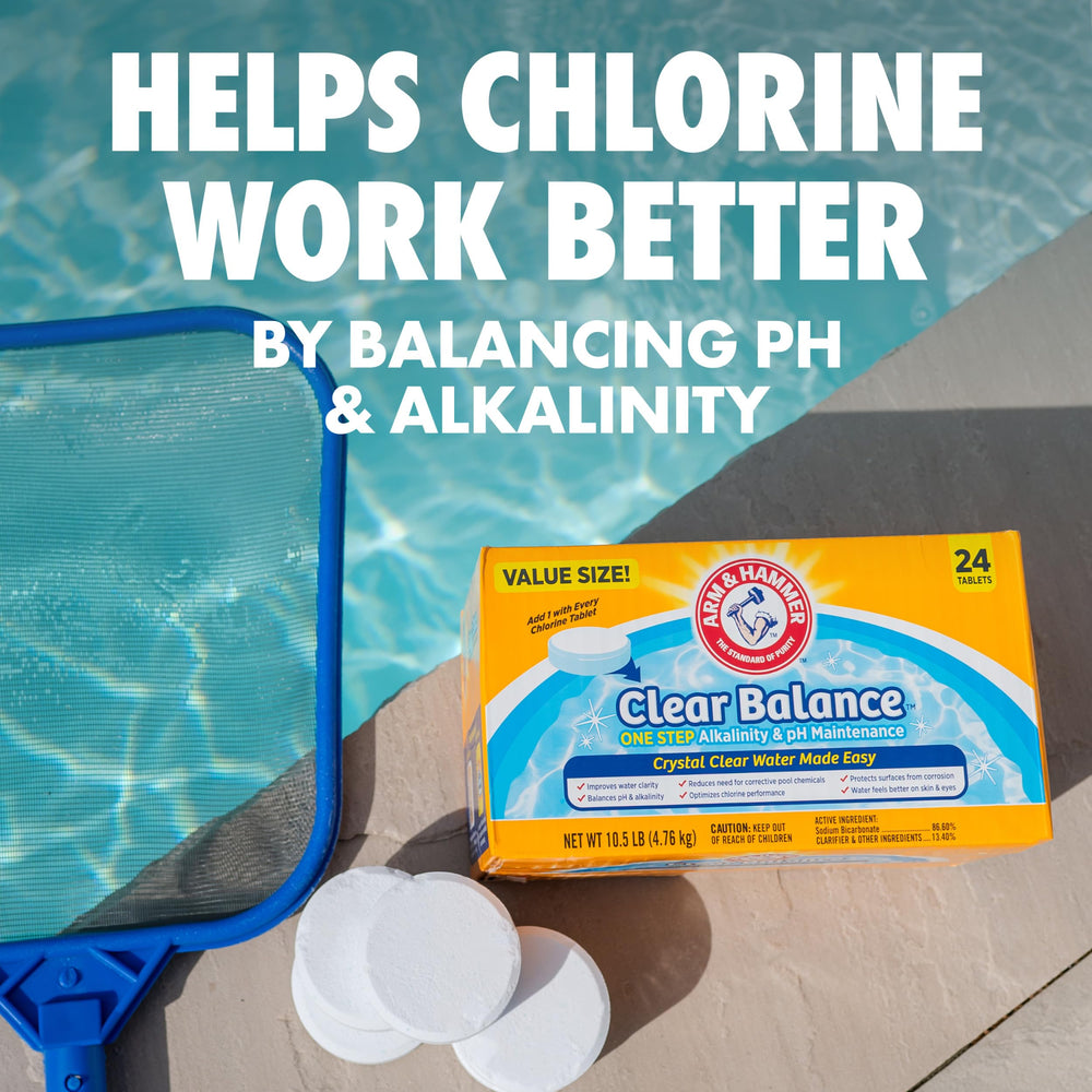 ARM & Hammer spread of 24 tablets conveying an entire season of low-effort pool care