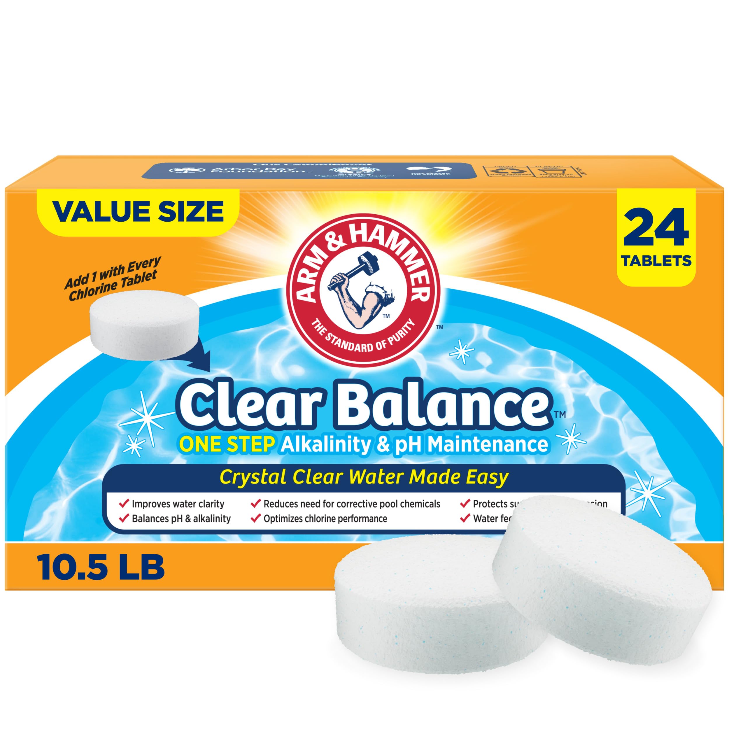 ARM & Hammer front box showing Clear Balance tablets and clear instructions for easier maintenance