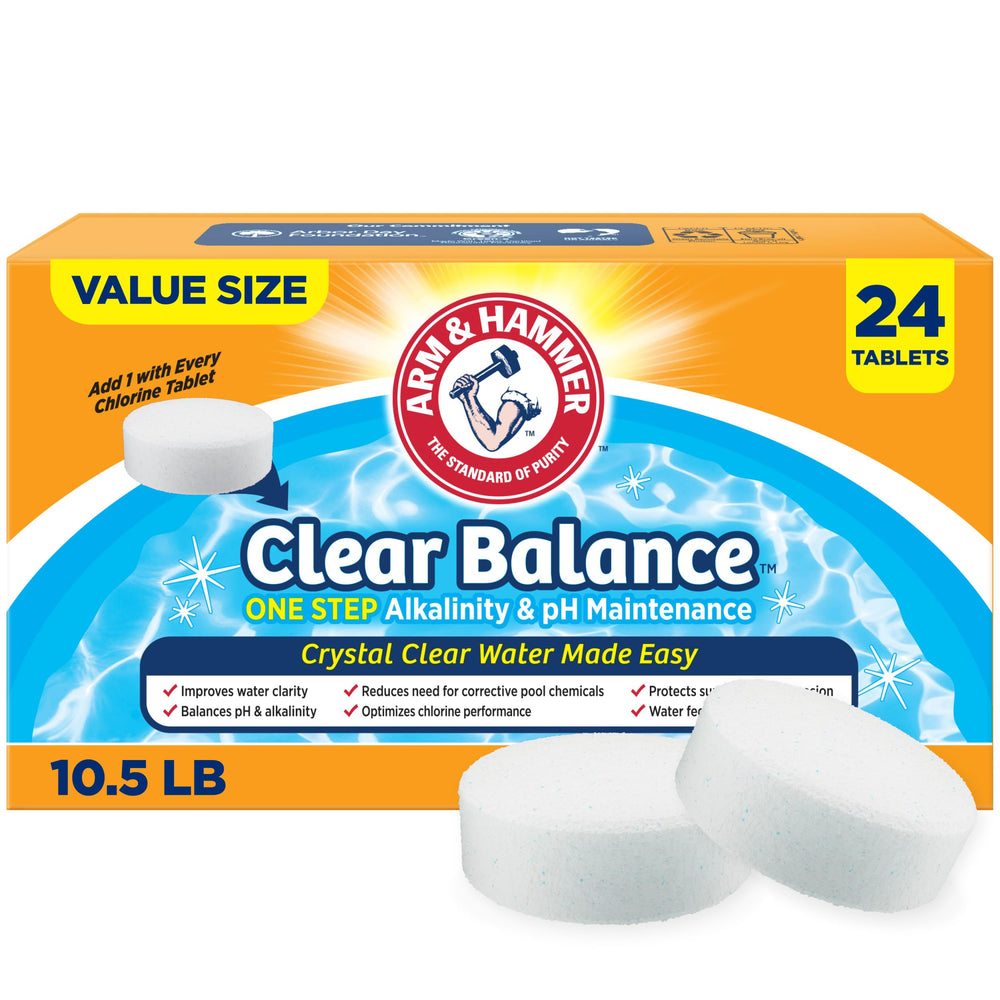 ARM & Hammer front box showing Clear Balance tablets and clear instructions for easier maintenance