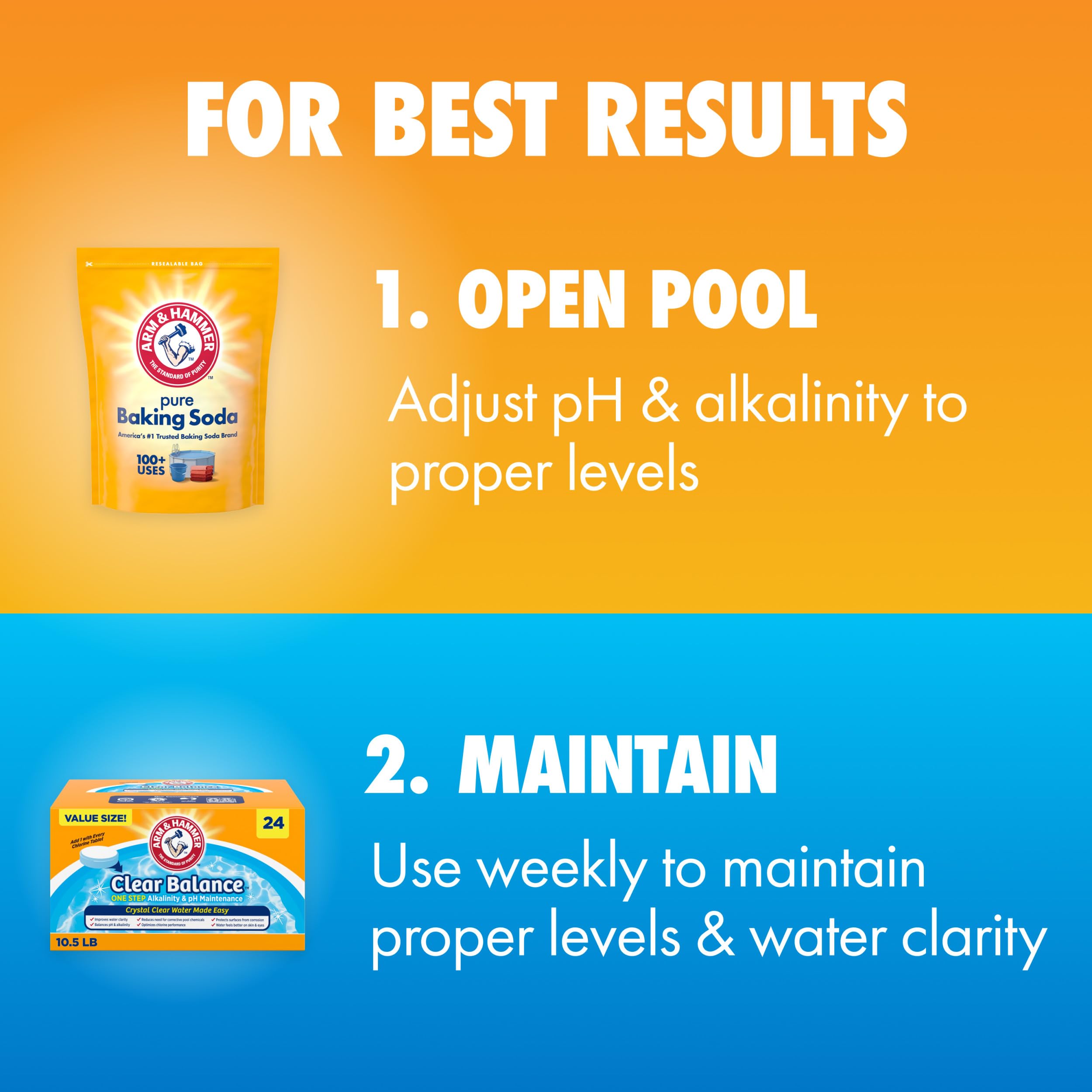 ARM & Hammer tablet in hand for size comparison and simple one-per-chlorine dosing guidance