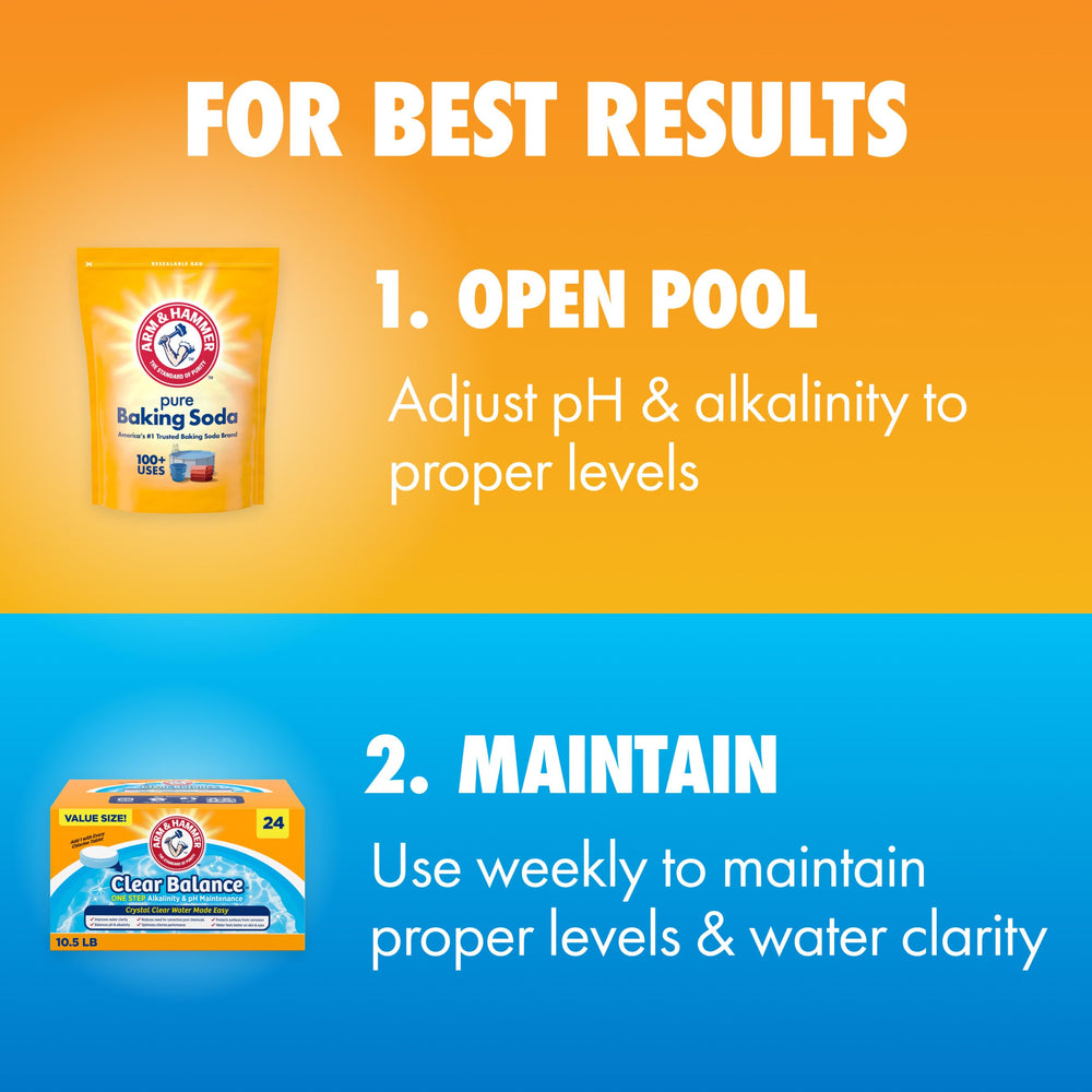 ARM & Hammer tablet in hand for size comparison and simple one-per-chlorine dosing guidance
