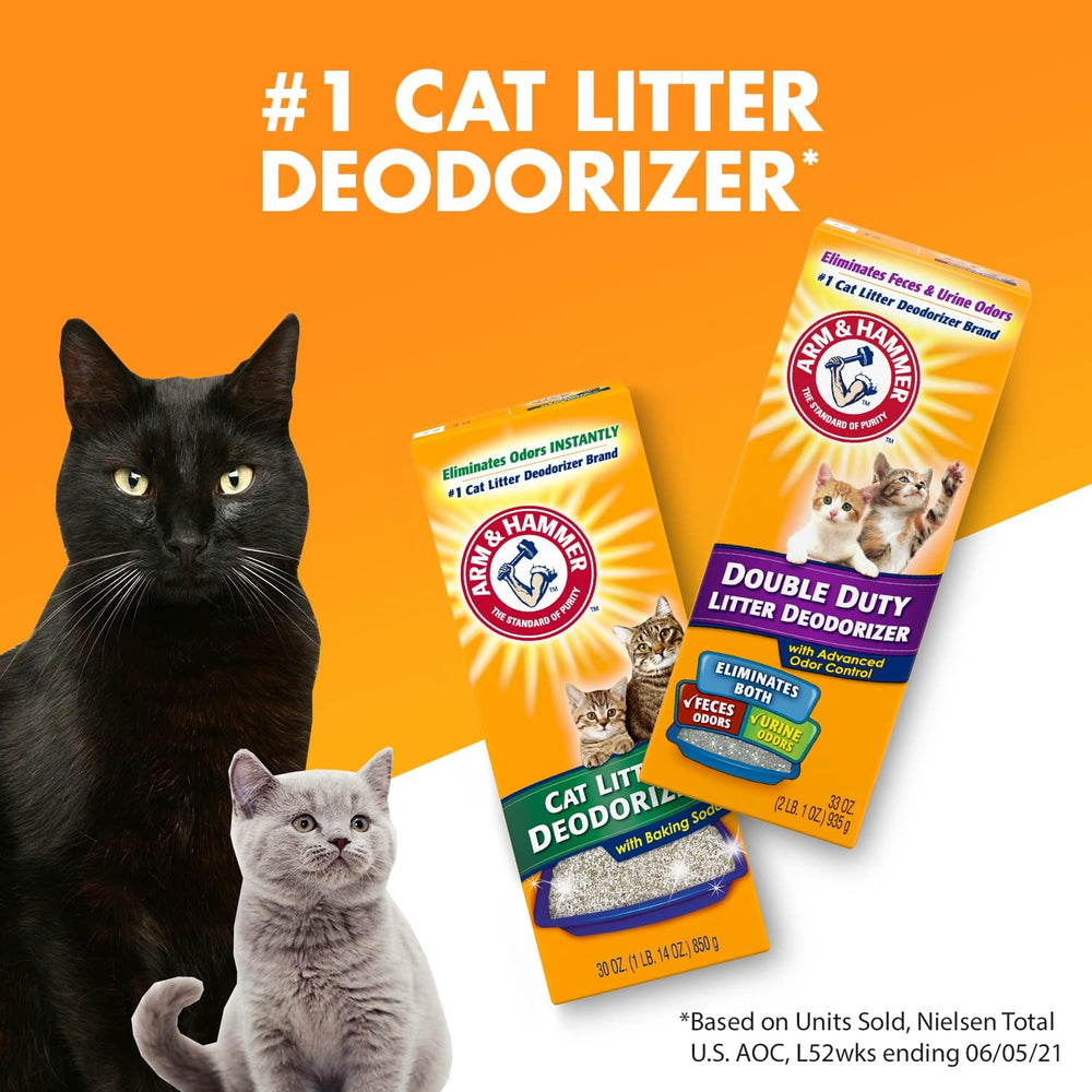 Arm & Hammer label close-up highlighting baking soda crystals and odor control benefit