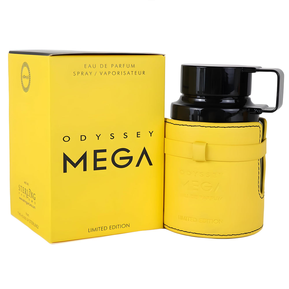 Armaf Odyssey Mega ingredients collage with citrus and woods, shows scent notes