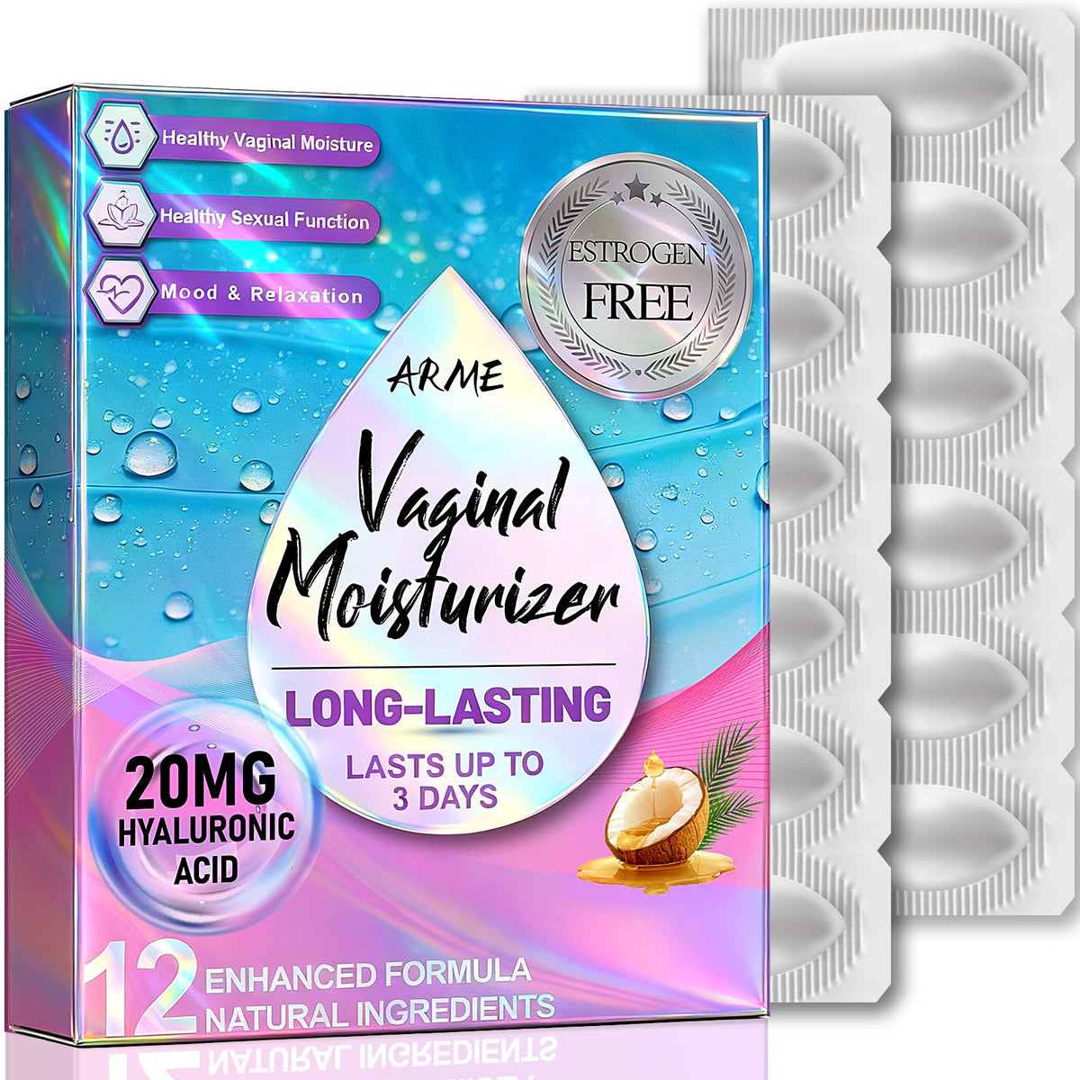 Arme front packaging showing 12 inserts and benefits for long-lasting hydration