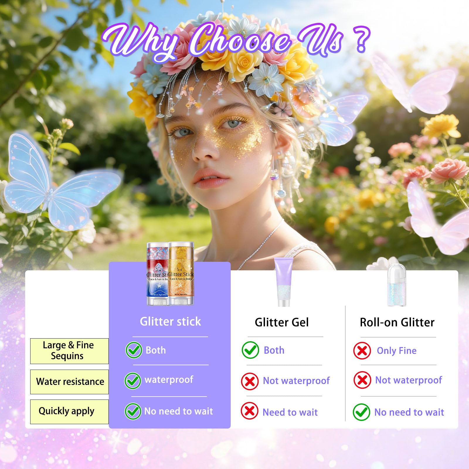 AROIC glitter accents in hair illustrating long-lasting shine and styling benefit