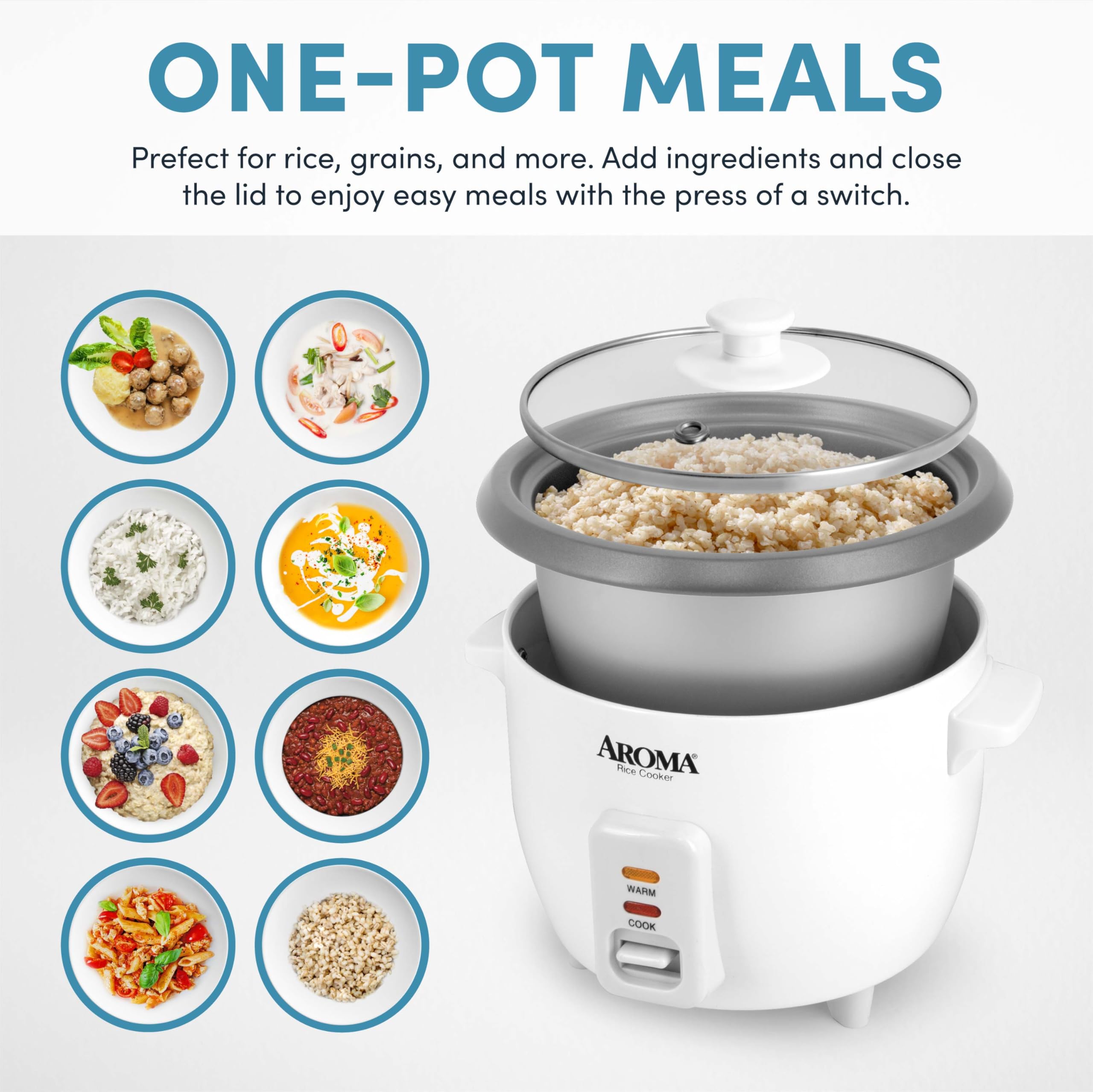 AROMA ceramic inner pot closeup highlighting nonstick CoreCoat for easy cleanup