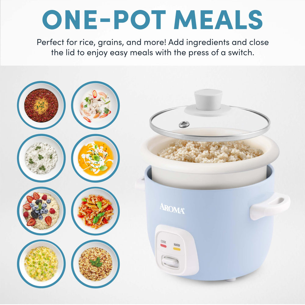 AROMA cooker open with cooked rice served demonstrating fluffy results and portion size