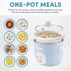 AROMA cooker open with cooked rice served demonstrating fluffy results and portion size