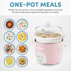 AROMA open cooker with steamed rice inside demonstrating even cooking and fluffy texture
