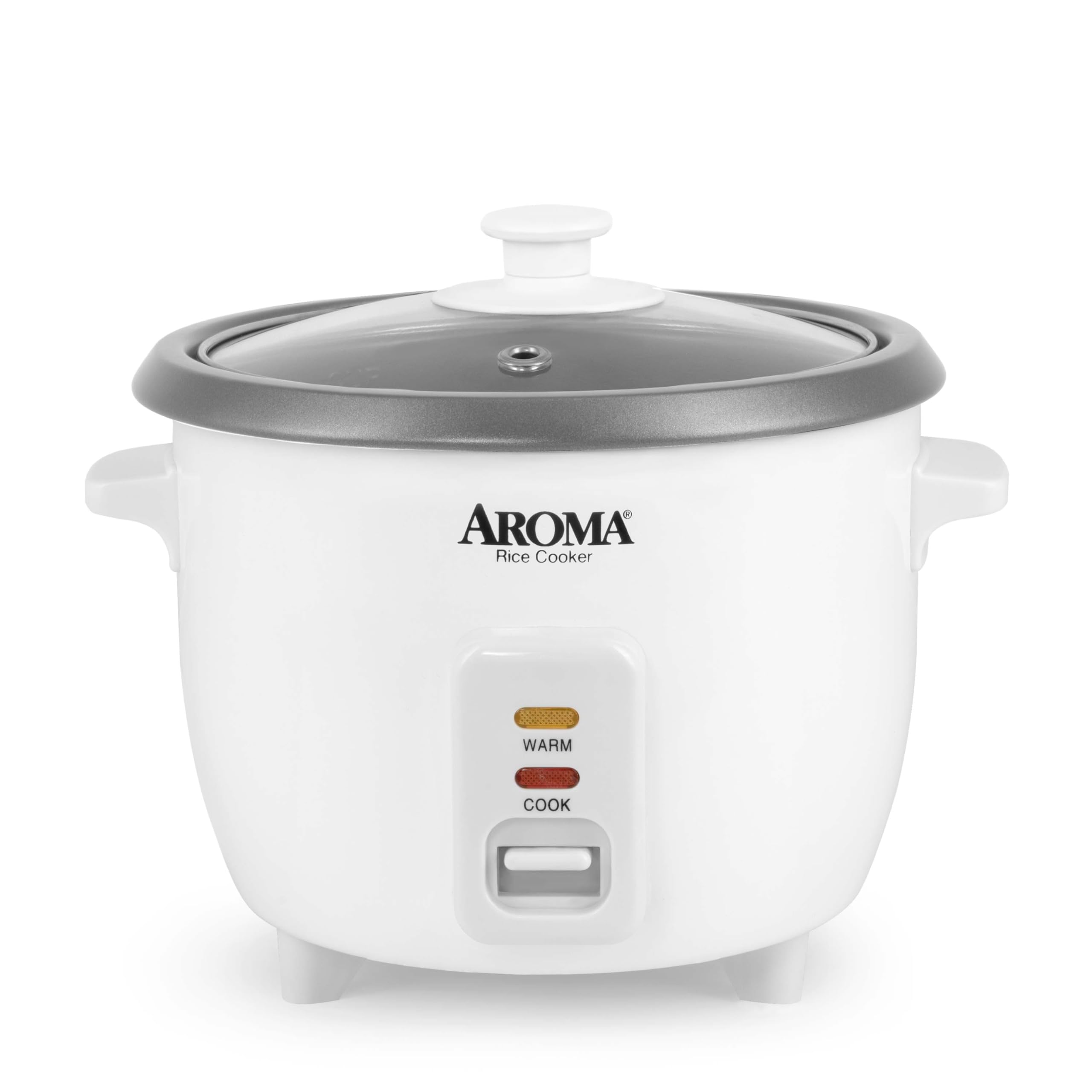 AROMA front view of compact rice cooker showing controls and white finish for ease