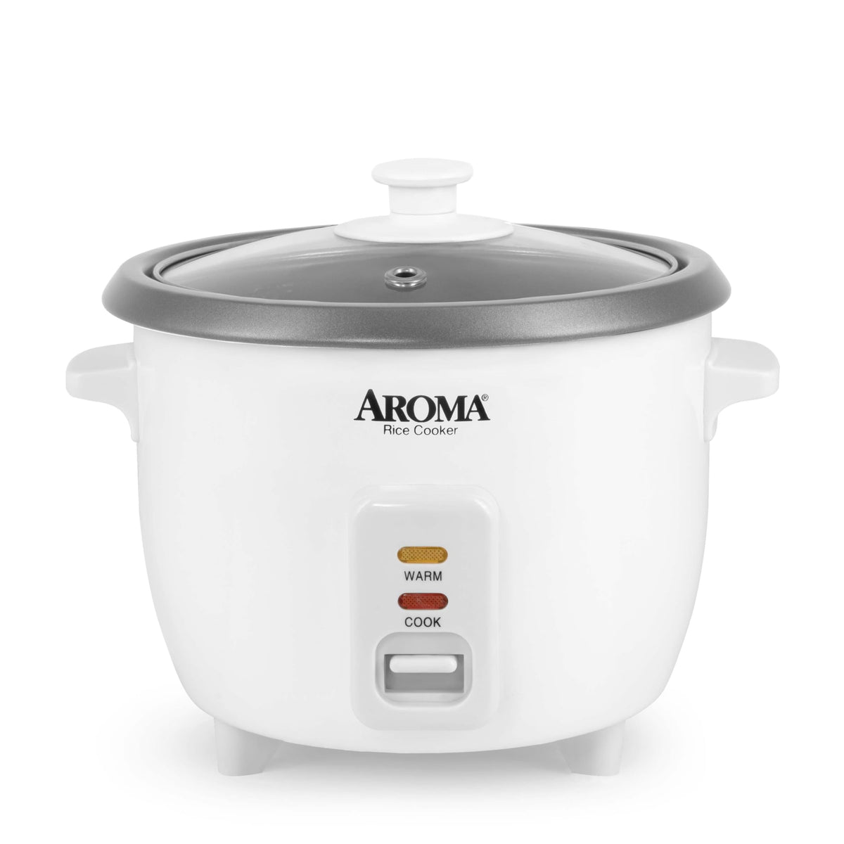 AROMA front view of compact rice cooker showing controls and white finish for ease