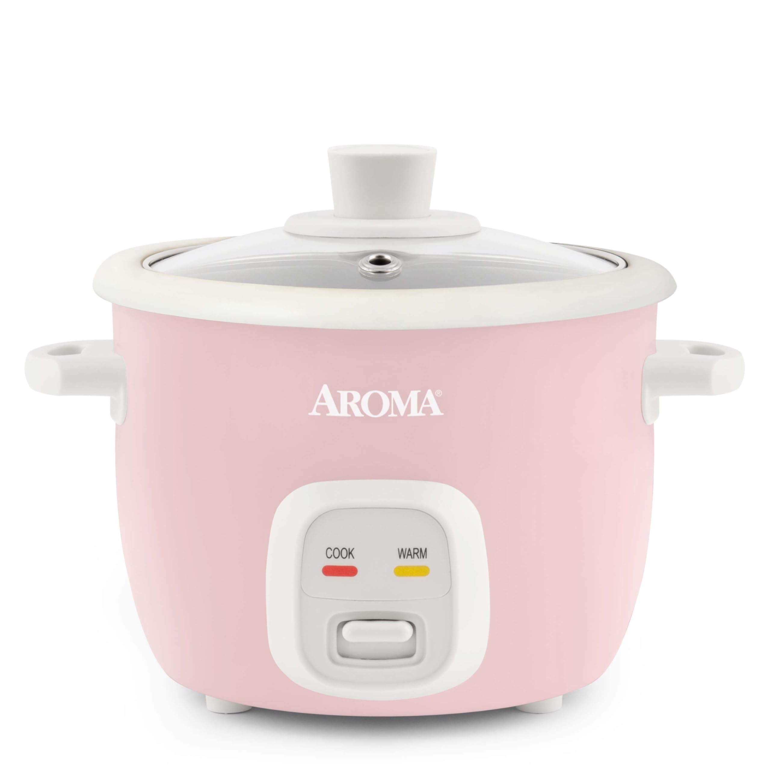 AROMA front view of mini rice cooker showing compact design and pink finish for countertop convenience