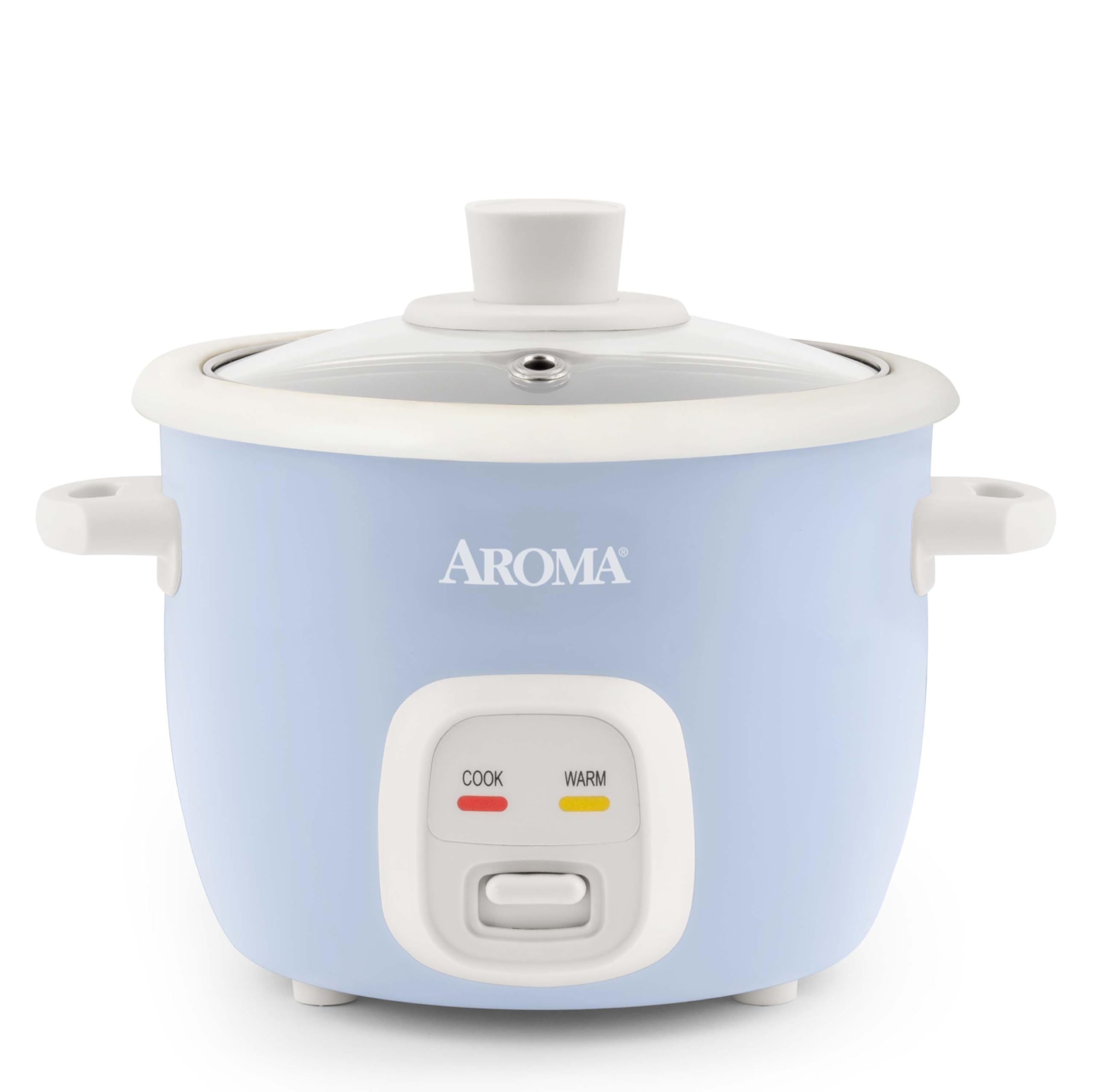 AROMA mini rice cooker front view showing compact design and one-touch control for convenience