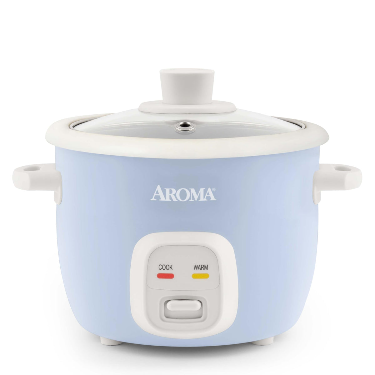 AROMA mini rice cooker front view showing compact design and one-touch control for convenience