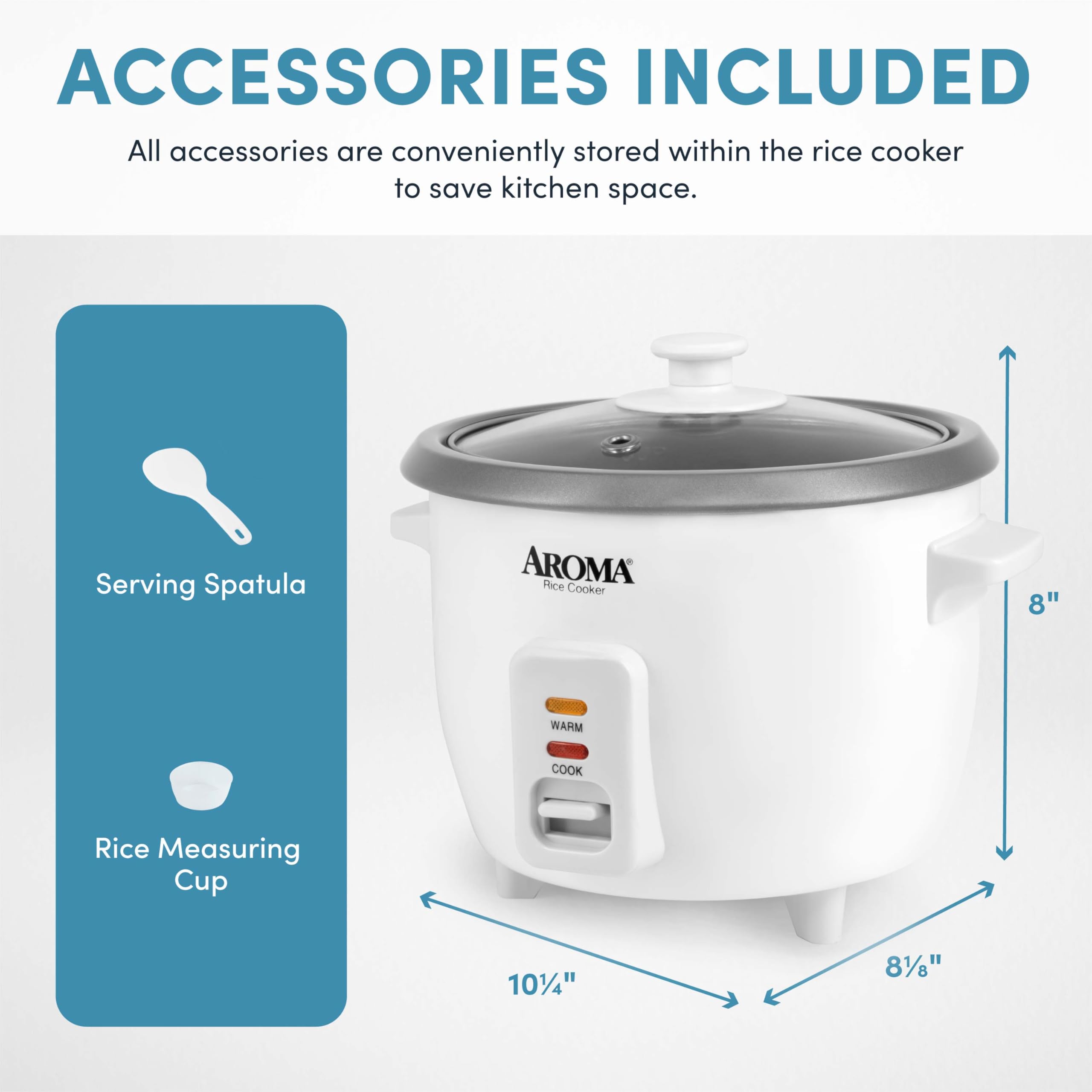 AROMA rice cooker on kitchen counter demonstrating compact footprint and convenience