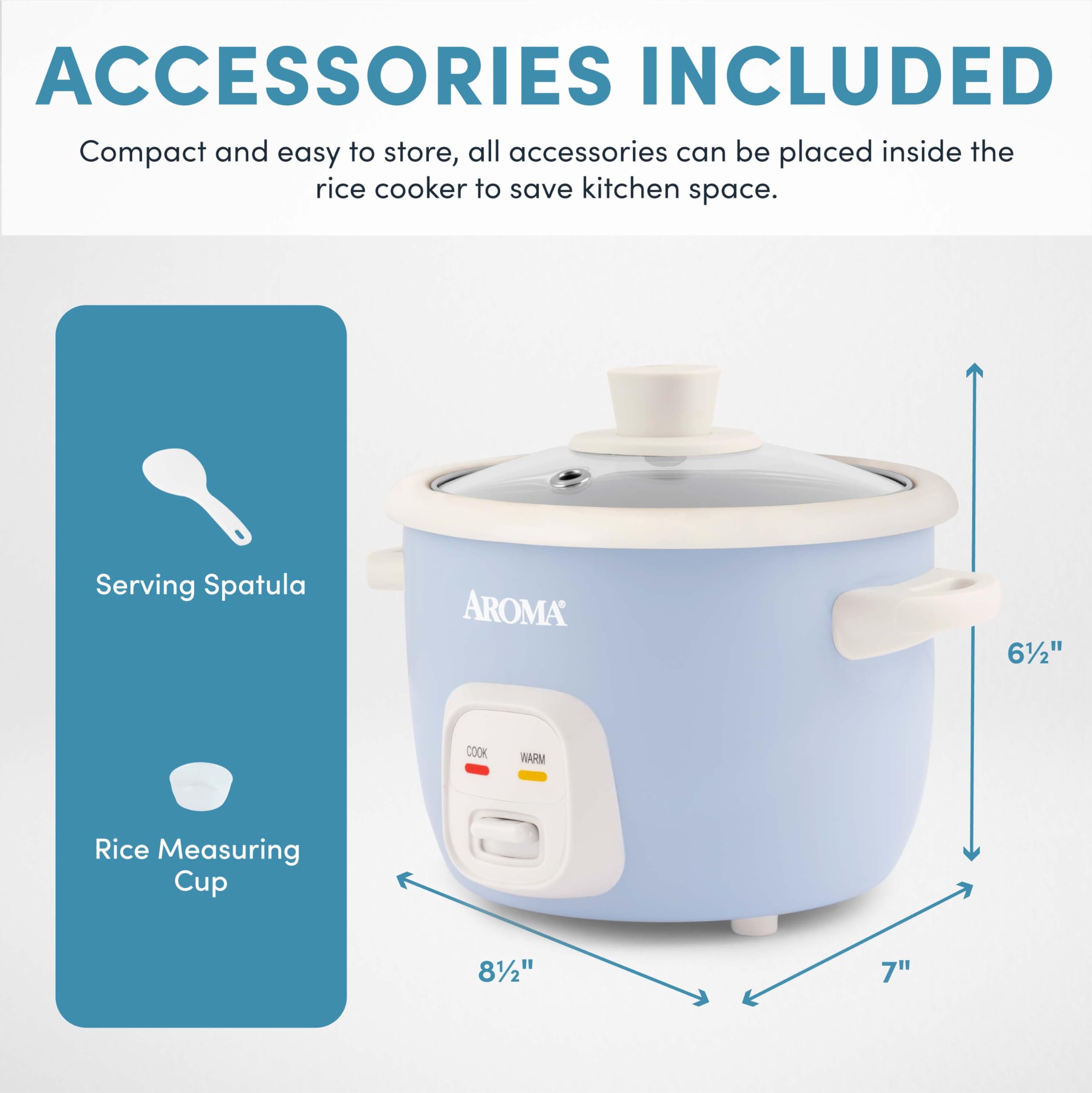 AROMA cooker next to a coffee mug showing compact size that saves countertop space