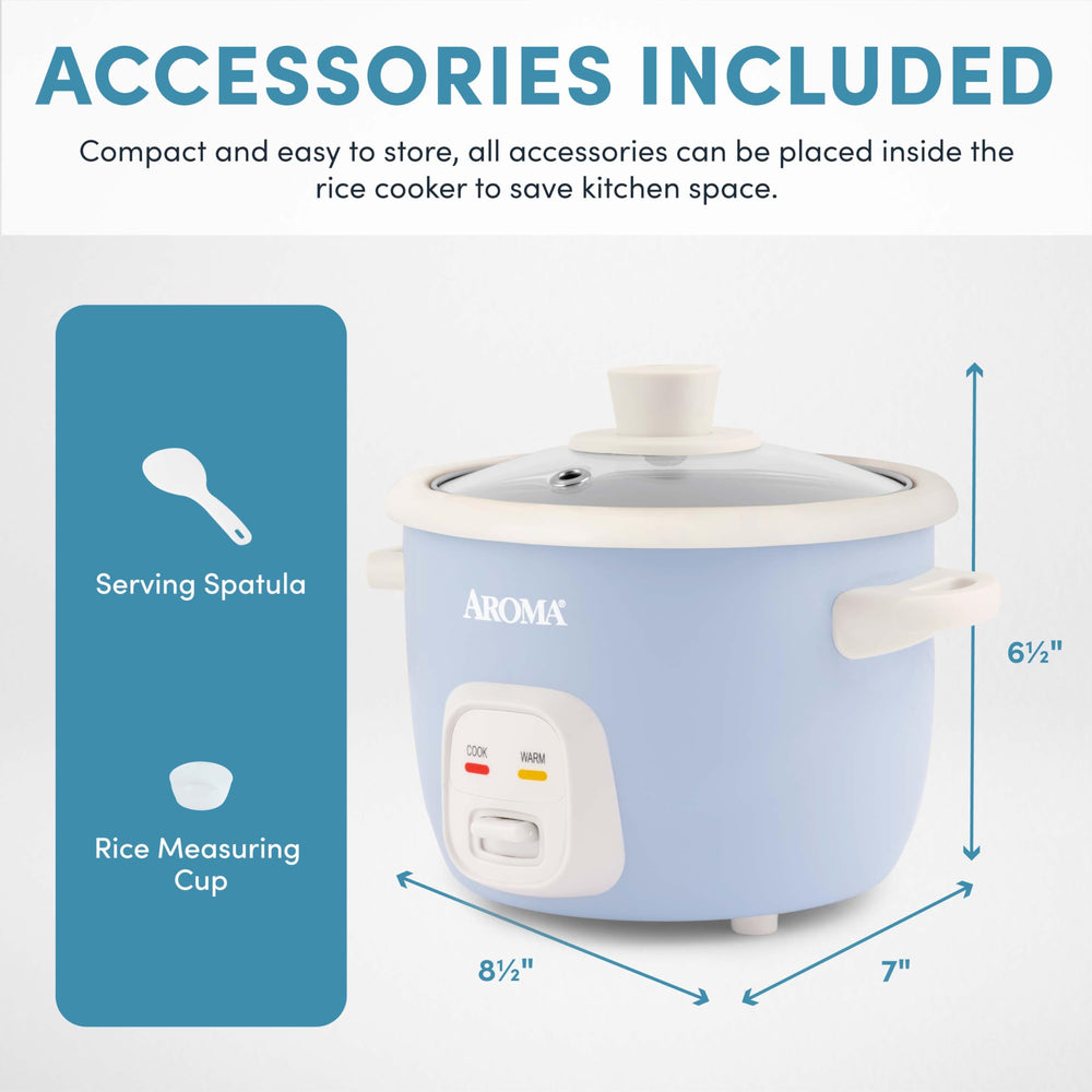 AROMA cooker next to a coffee mug showing compact size that saves countertop space