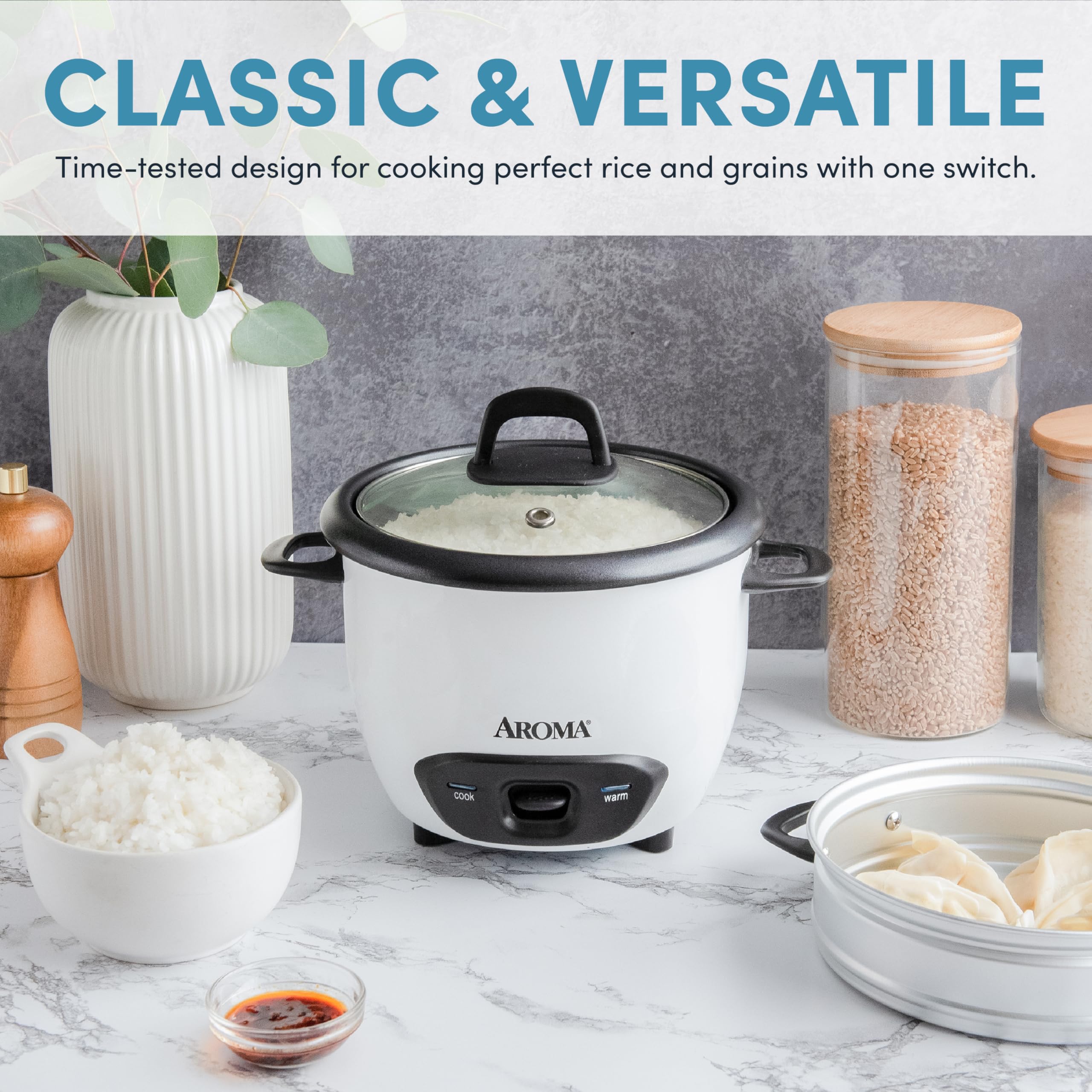 AROMA steam tray and accessories laid out showing versatile steaming and included tools