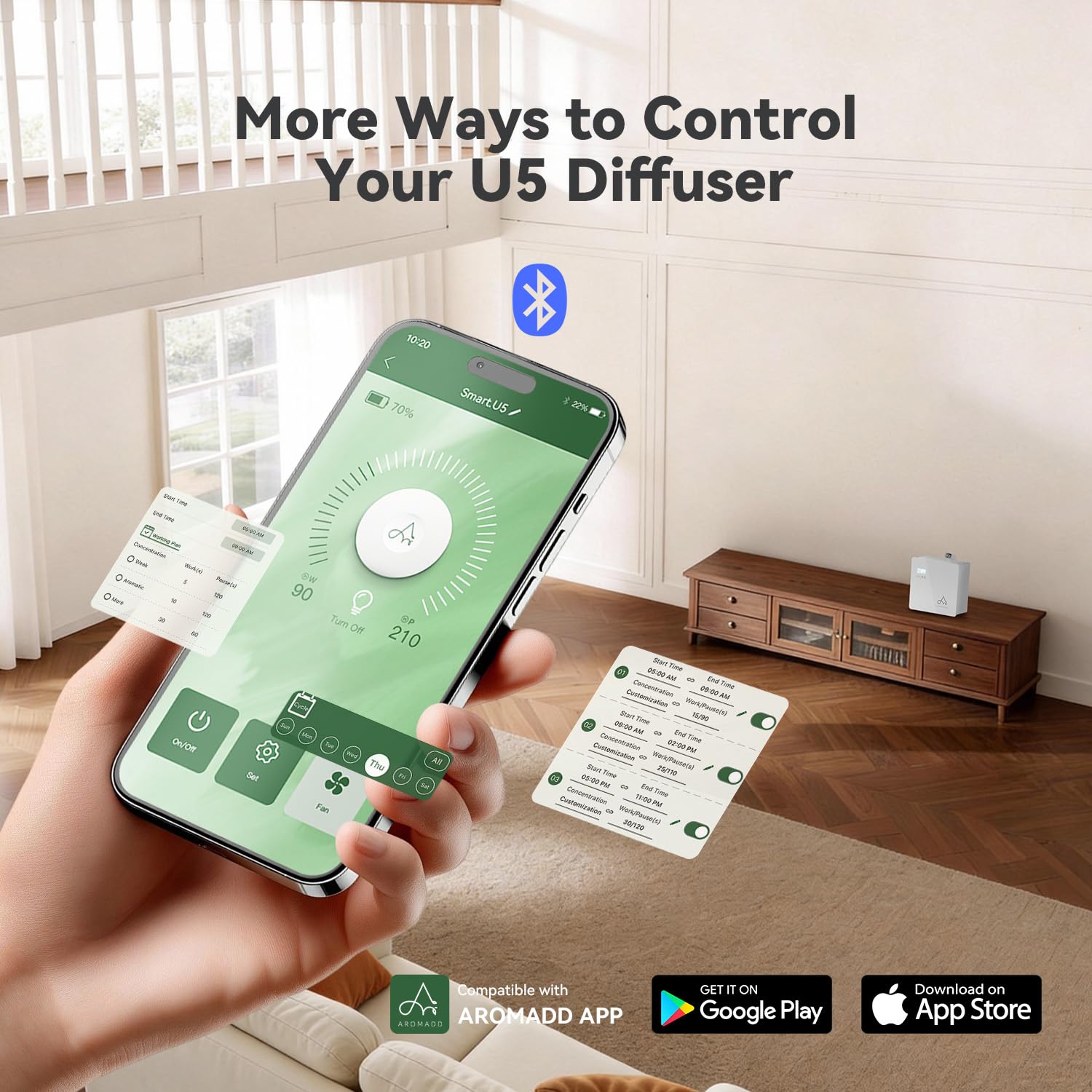 Aromadd control panel and remote showing simple intensity adjustments
