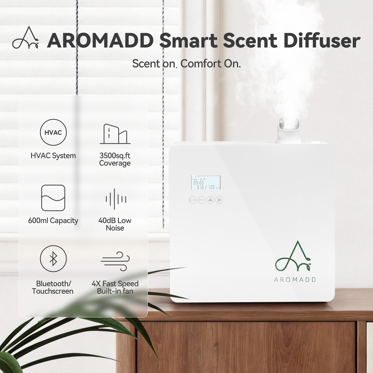 Aromadd close-up of diffuser nozzle illustrating fine dry particle output
