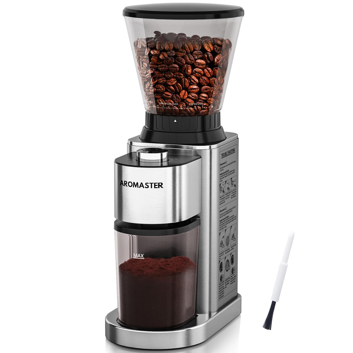 Aromaster front view silver grinder showing controls and compact design benefit convenience
