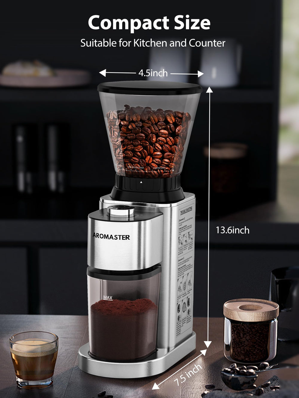 Aromaster on kitchen counter next to mug showing compact footprint benefit