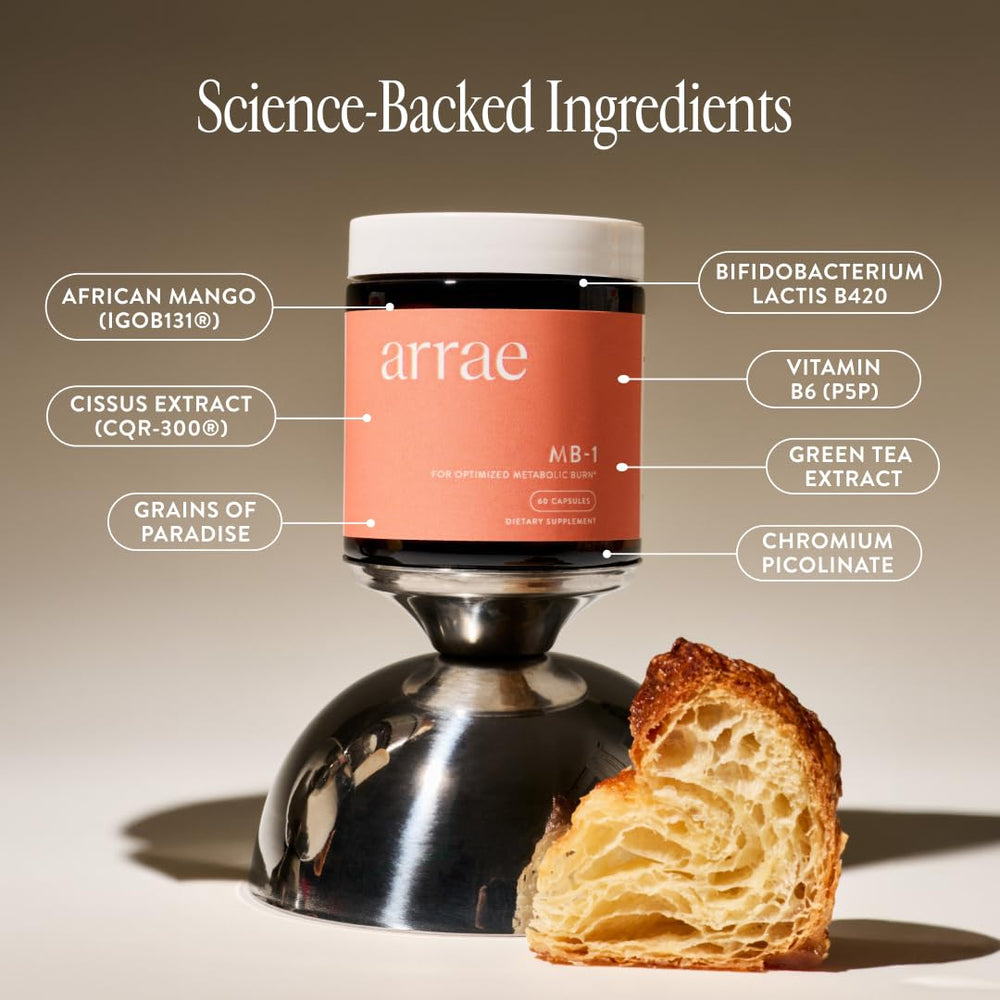 Arrae MB-1 close-up of label highlighting key ingredients and benefits