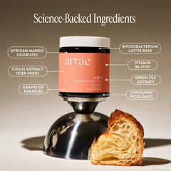Arrae MB-1 close-up of label highlighting key ingredients and benefits