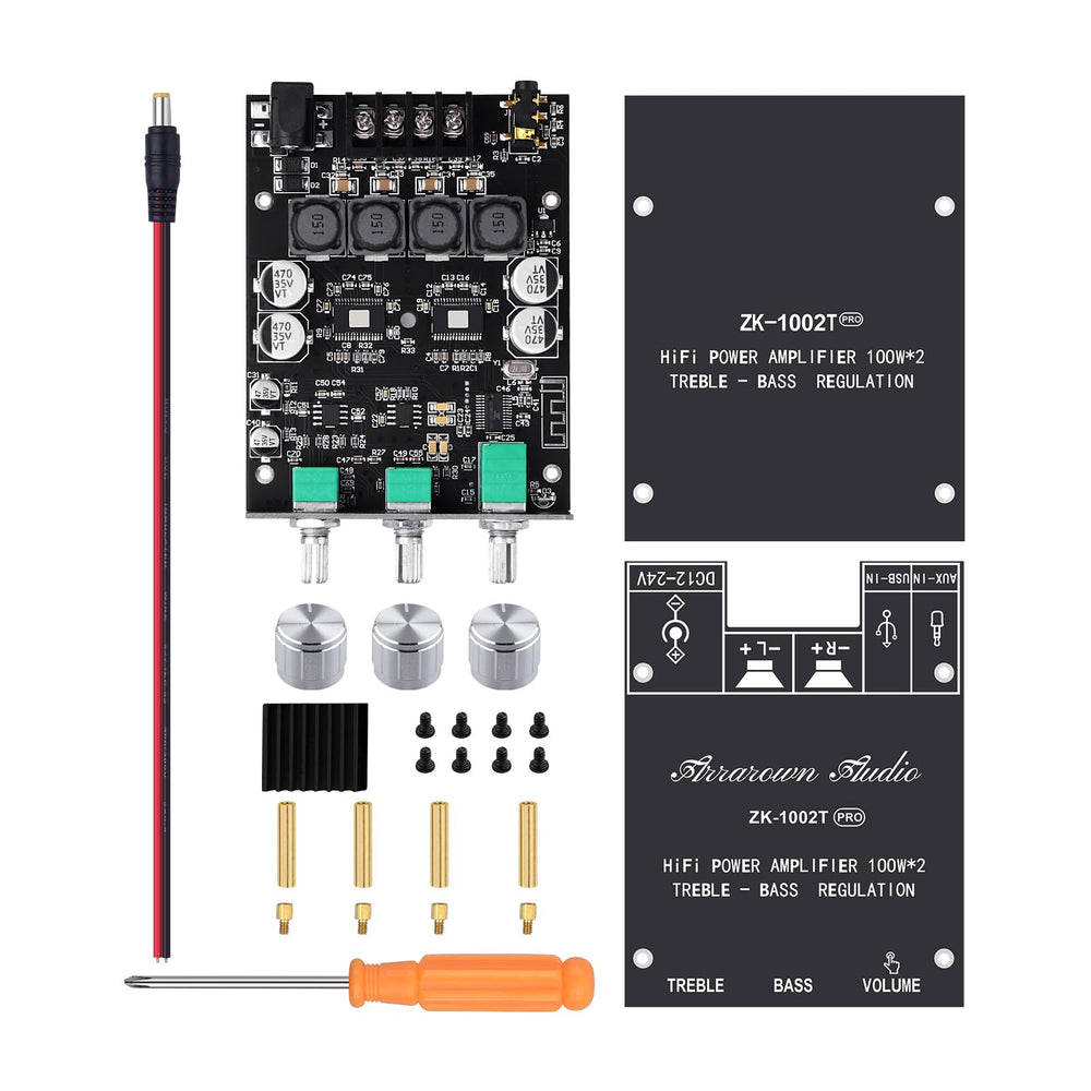 ARRAROWN amplifier next to a ruler showing compact size for space-saving installs