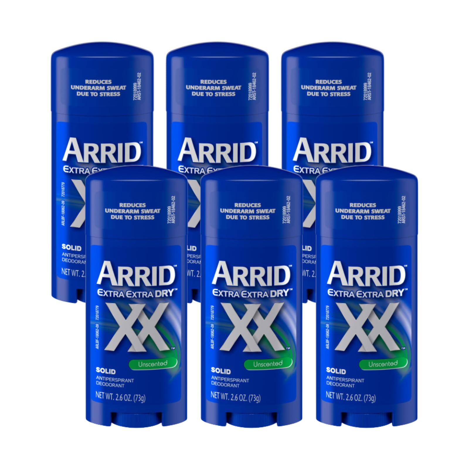 Arrid front packaging showing unscented solid sticks and brand protection