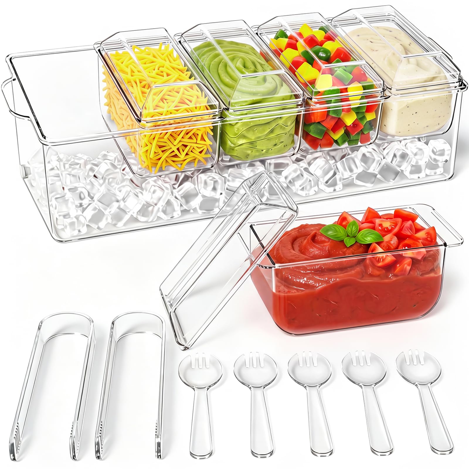 ARSTPEOE front view showing five-compartment chilled tray and lids, organized presentation benefit