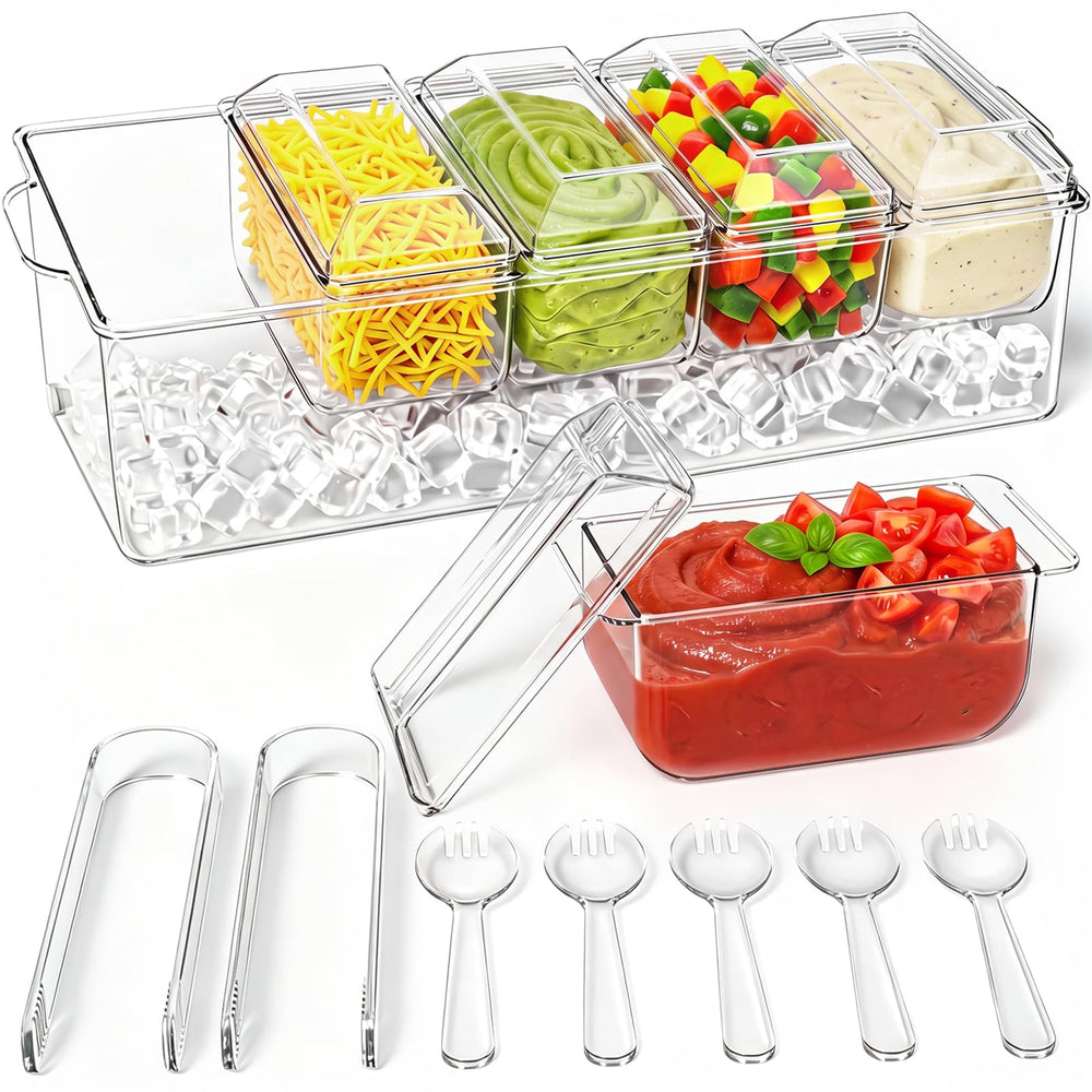ARSTPEOE front view showing five-compartment chilled tray and lids, organized presentation benefit