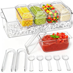 ARSTPEOE front view showing five-compartment chilled tray and lids, organized presentation benefit