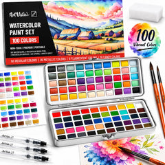 Art Vista front view of 100-color set showing organized pans and case, ready to paint
