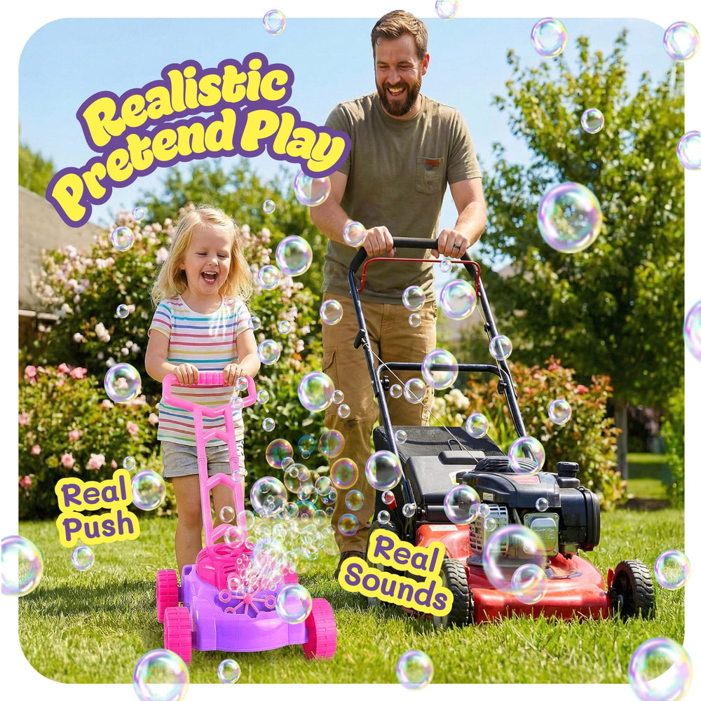 ArtCreativity mower beside a toddler for size comparison and safe proportions