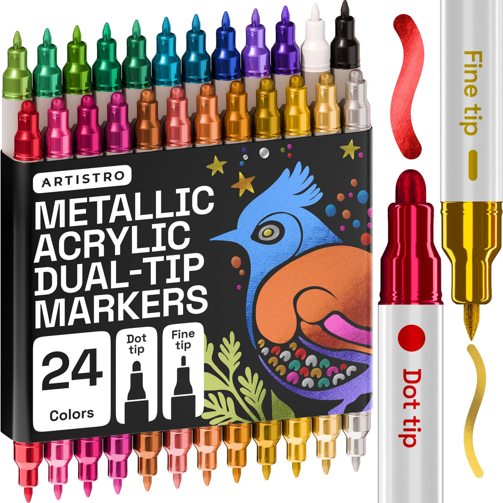 ARTISTRO front packaging showing 24 metallic dual-tip markers and color preview for easy selection
