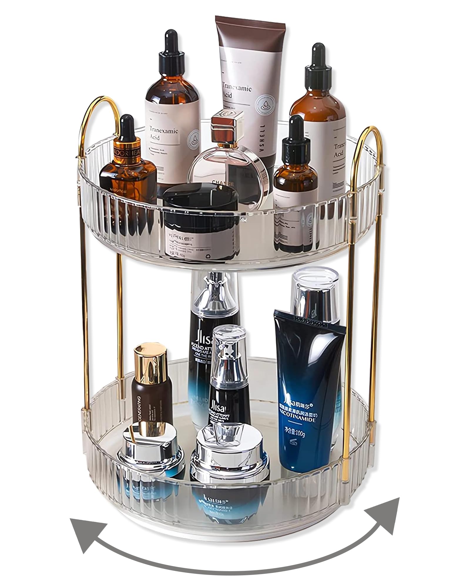 Asayuee front view showing clear 2-tier vanity organizer and tidy cosmetics