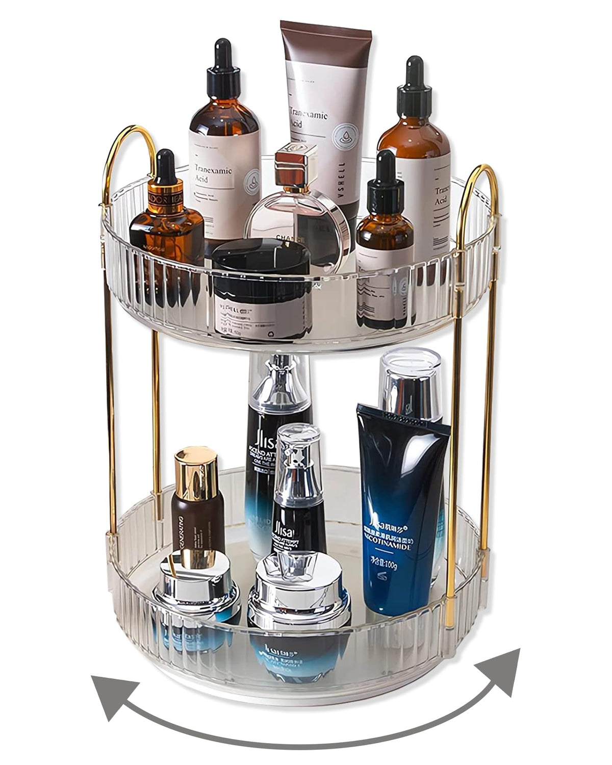 Asayuee front view showing clear 2-tier vanity organizer and tidy cosmetics
