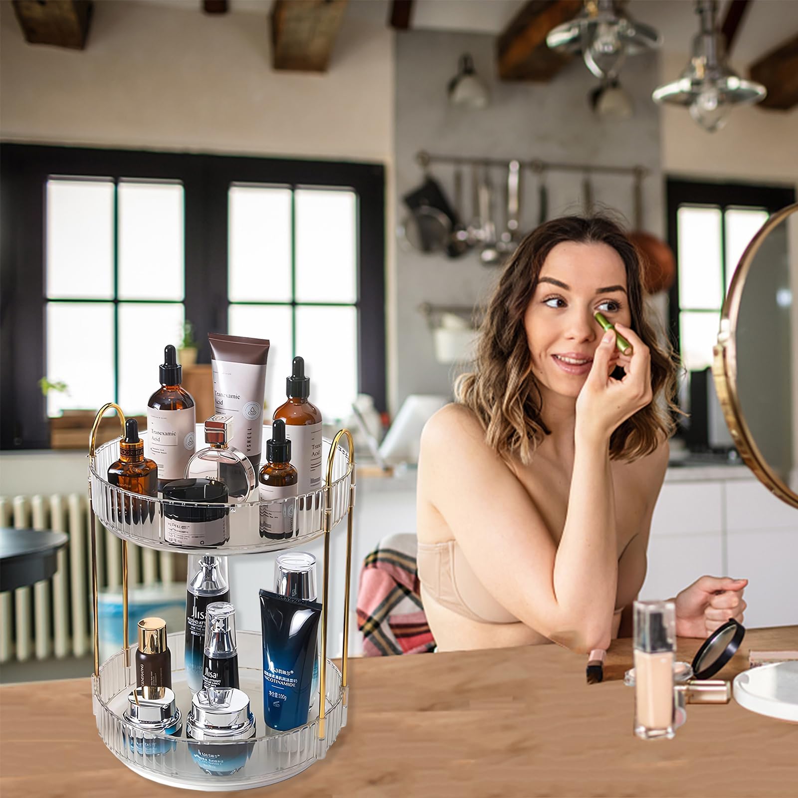 Asayuee styled on vanity with skincare and makeup for organized routine