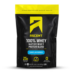 Ascent unflavored tub front view showing label and size, clear product identity
