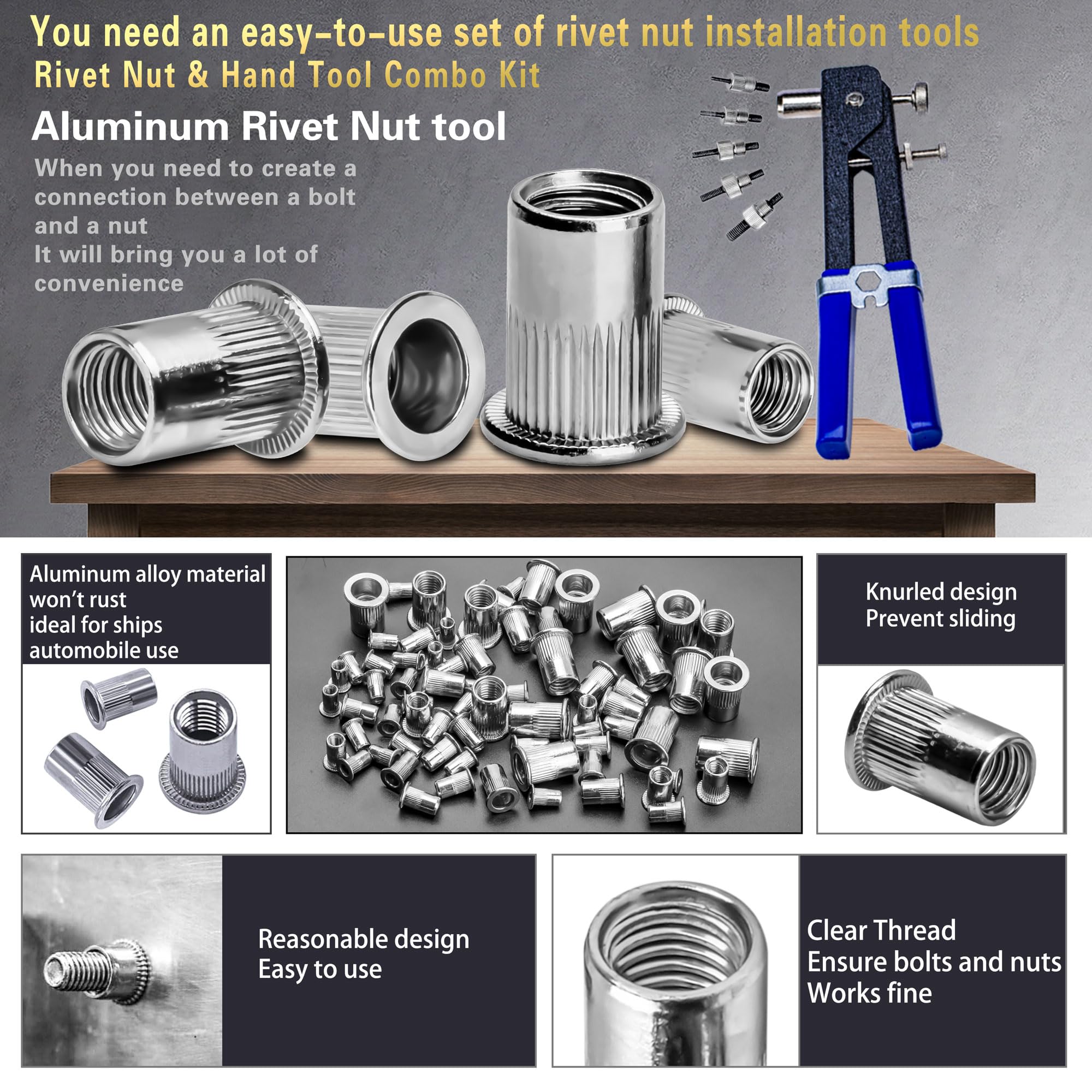 ASKWAY rivet nut installer in hand demonstrating controlled pressure for proper set